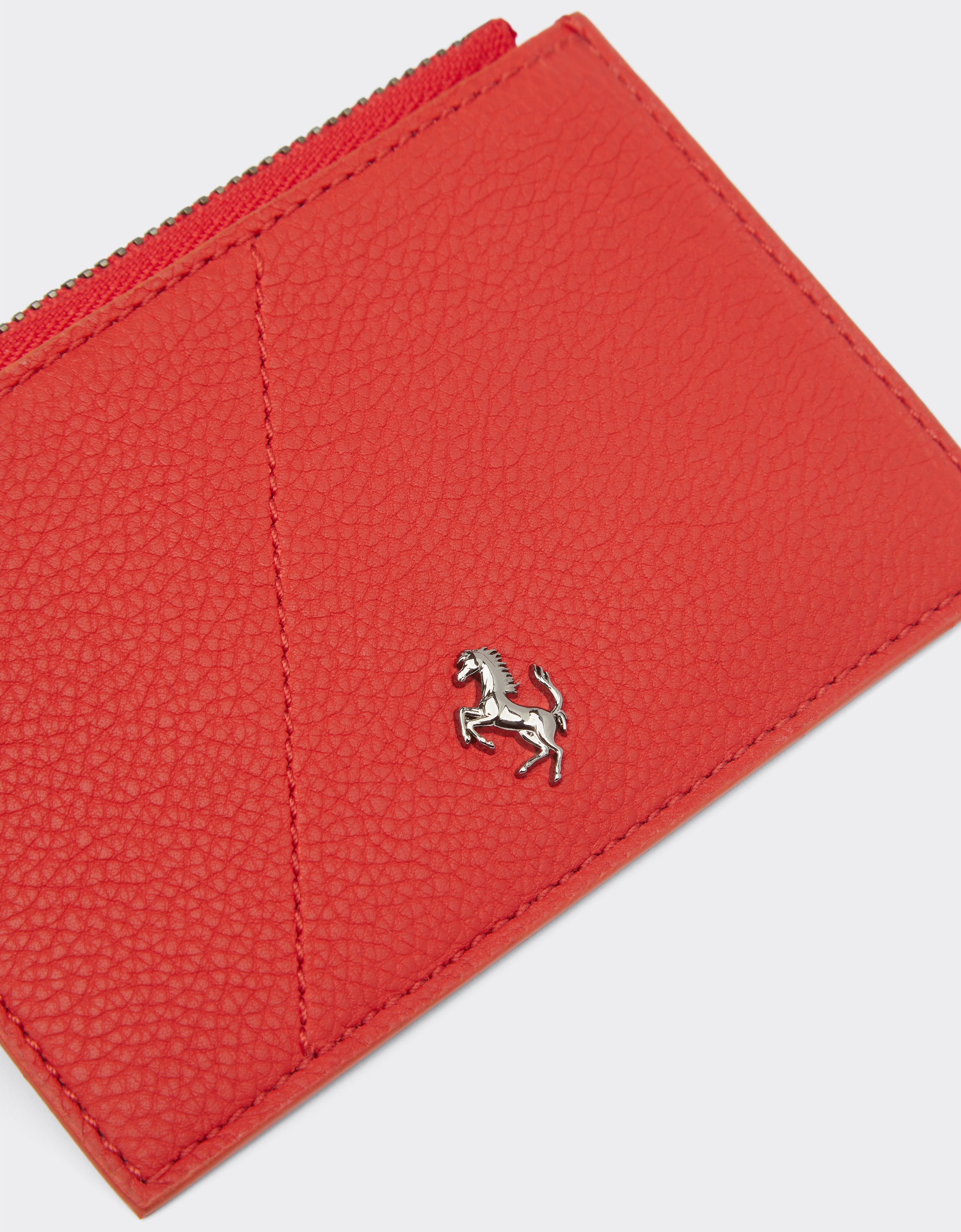 Ferrari Zip Card Holder In Textured Leather In Rosso Dino