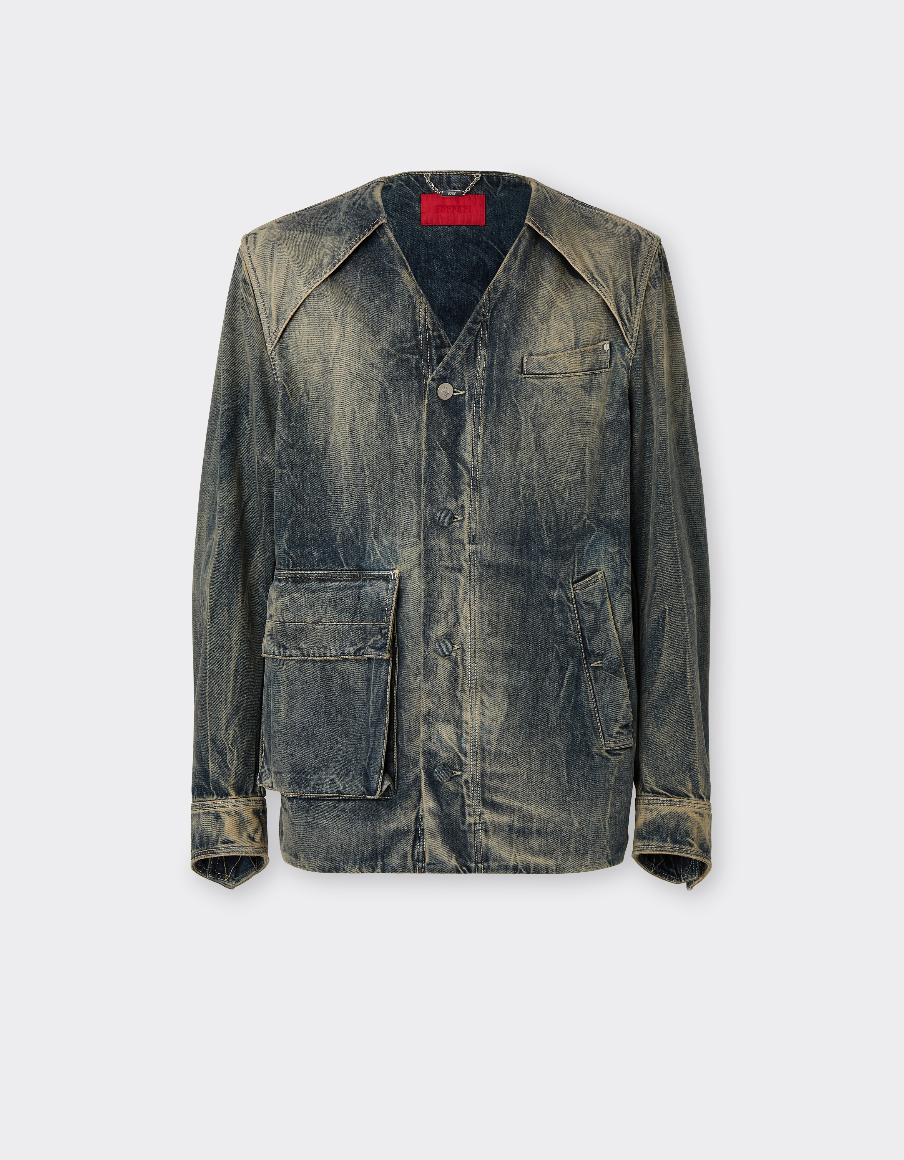Ferrari Men's Blu Denim Acid-Washed Denim Shirt - Shirts 48