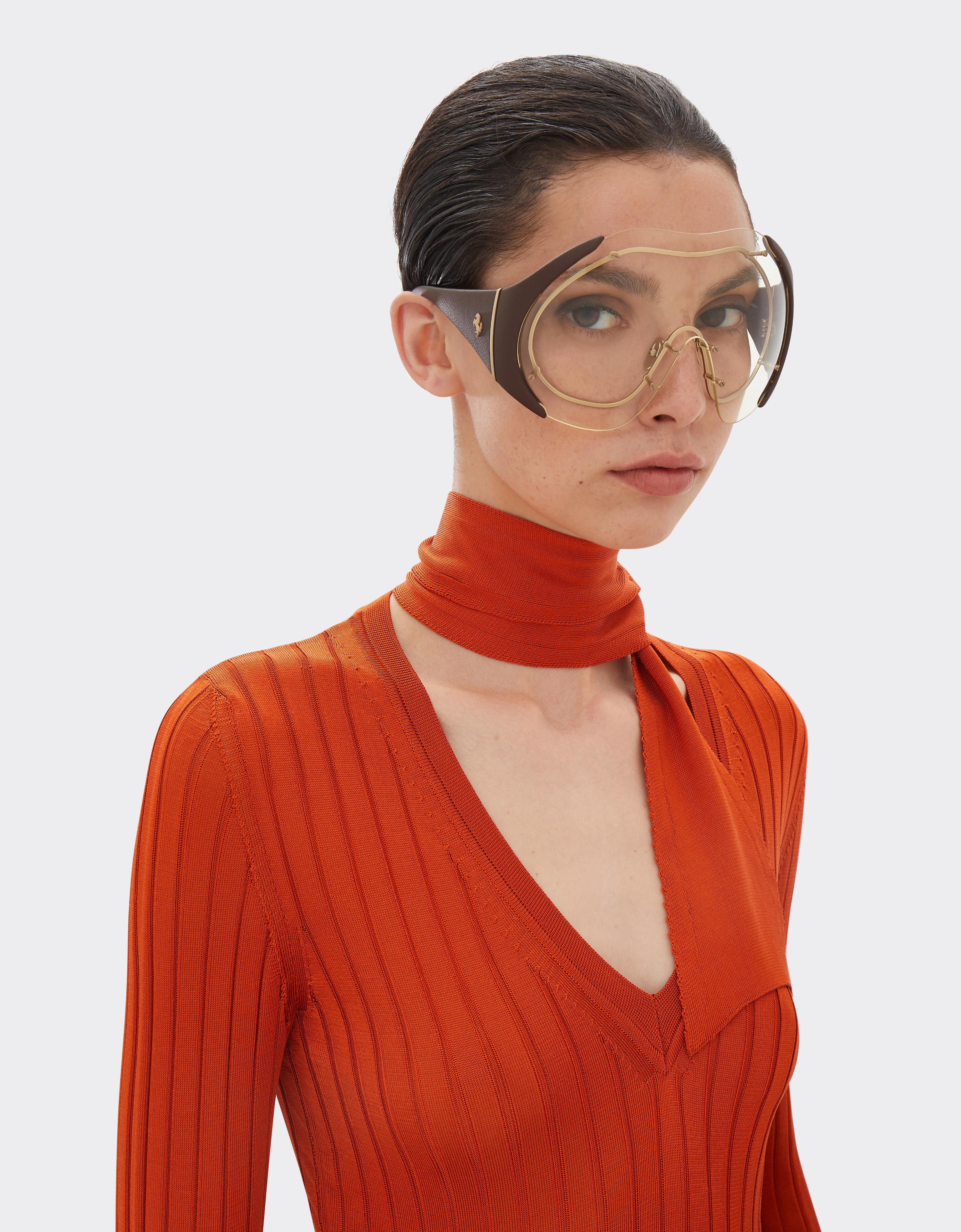  Ferrari Sonnenbrille Aus Goldenem Metall Und Braunem Leder Mit Transparentem Rahmen -  Ferrari Collection Beige Os 