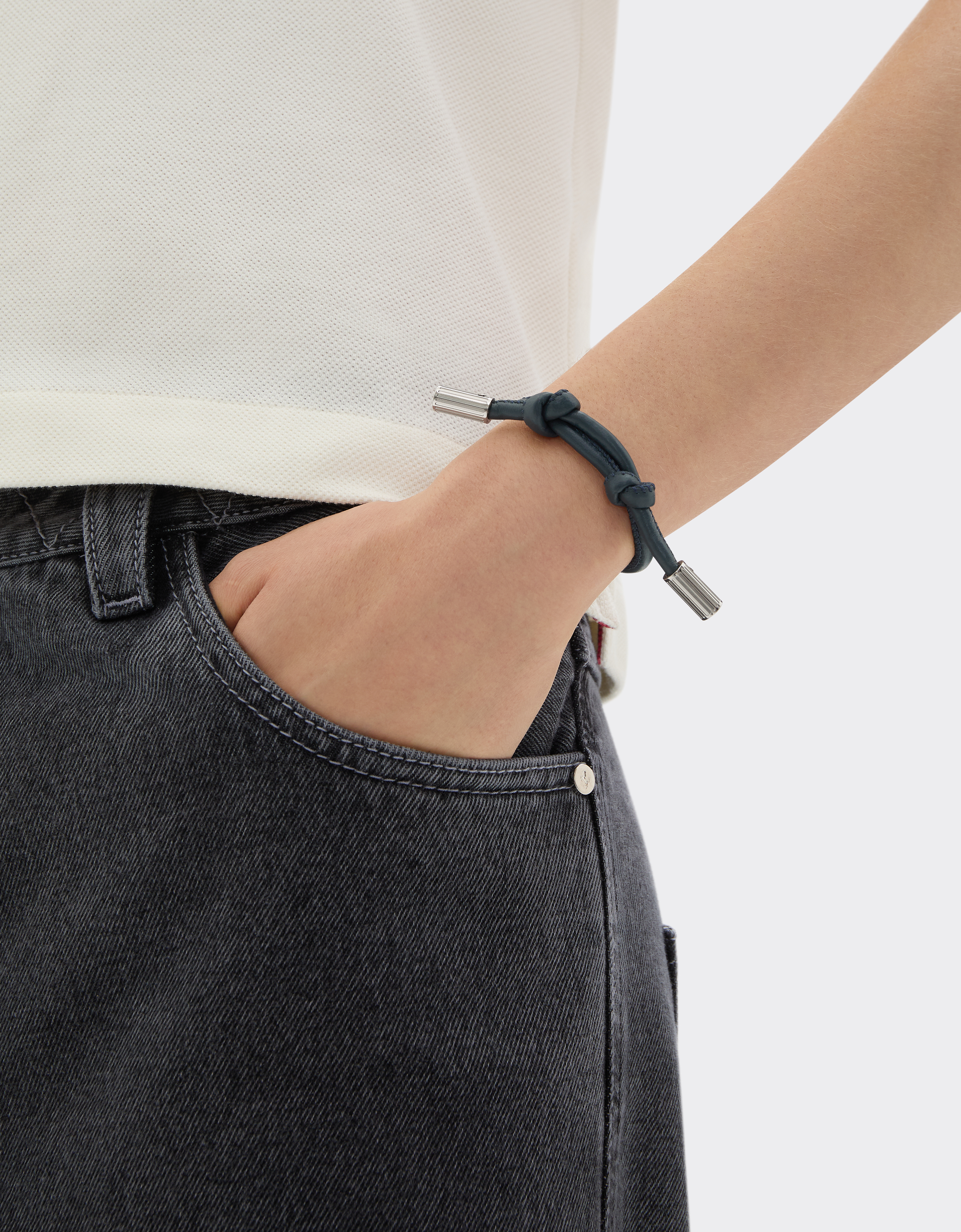 Ferrari Tubular Leather Bracelet With Engraved Prancing Horse In Blue