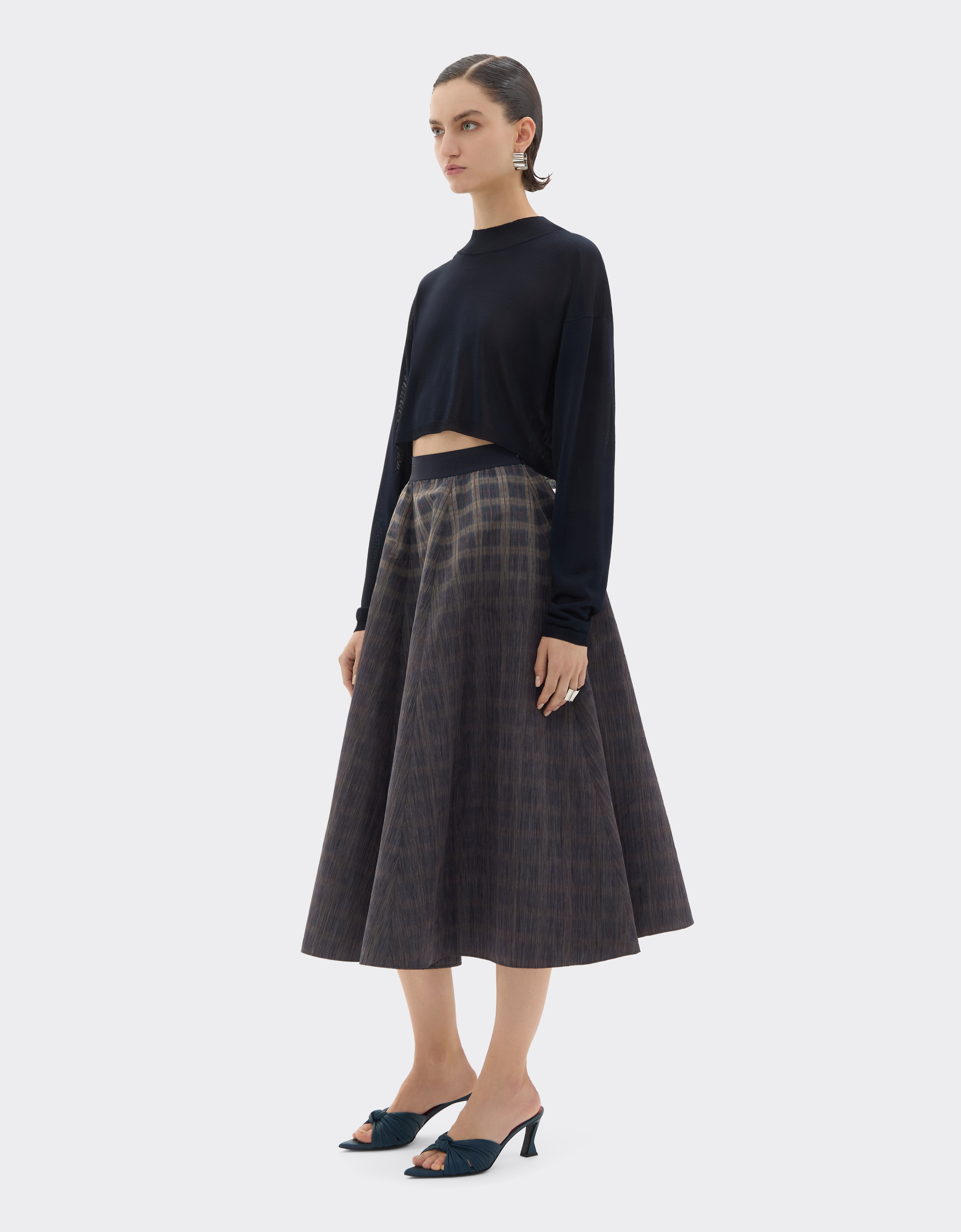 Ferrari Long Skirt In Chiné Check Printed Nylon In Multi