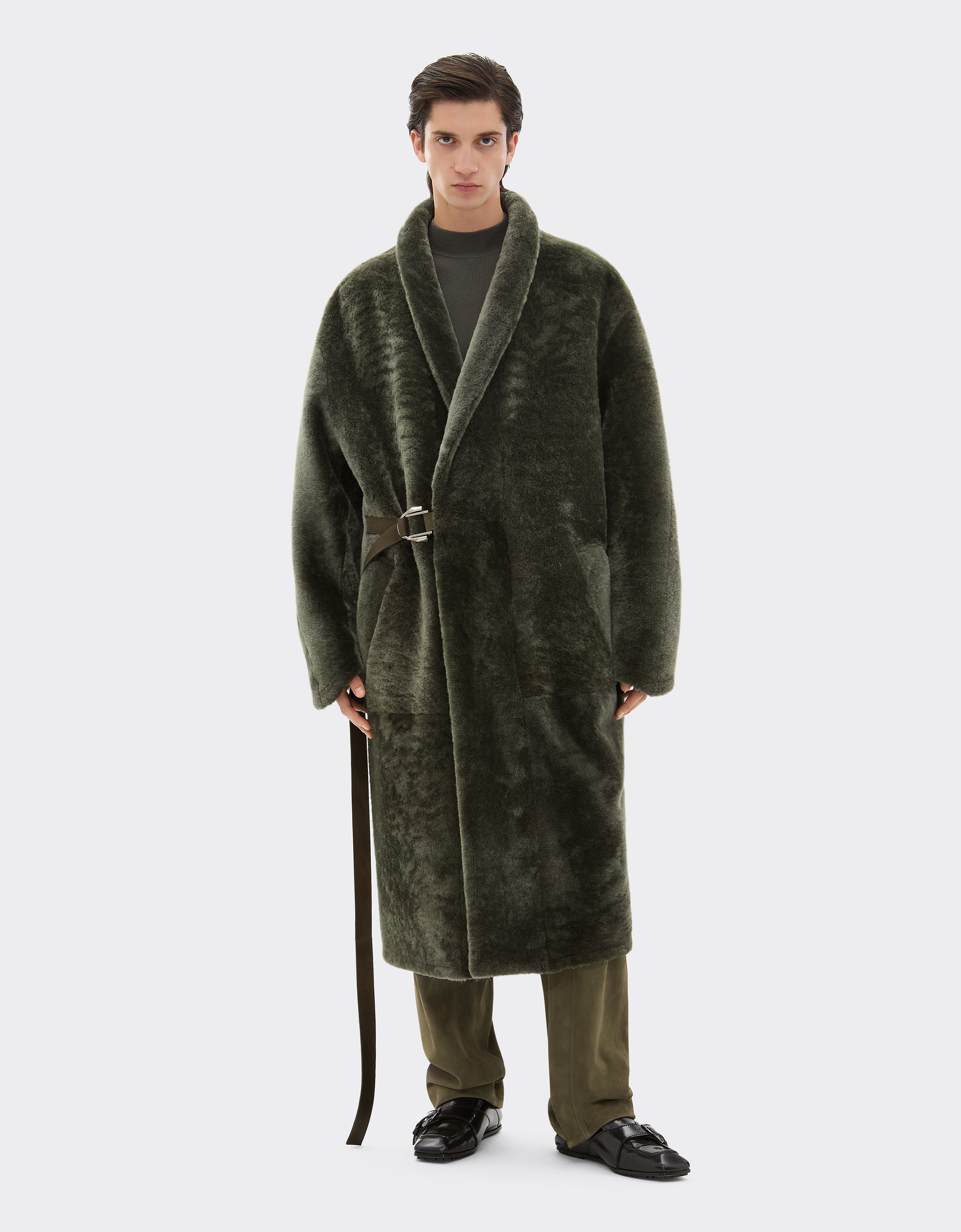Ferrari Merino Wool Coat With Astrakhan Effect In Green