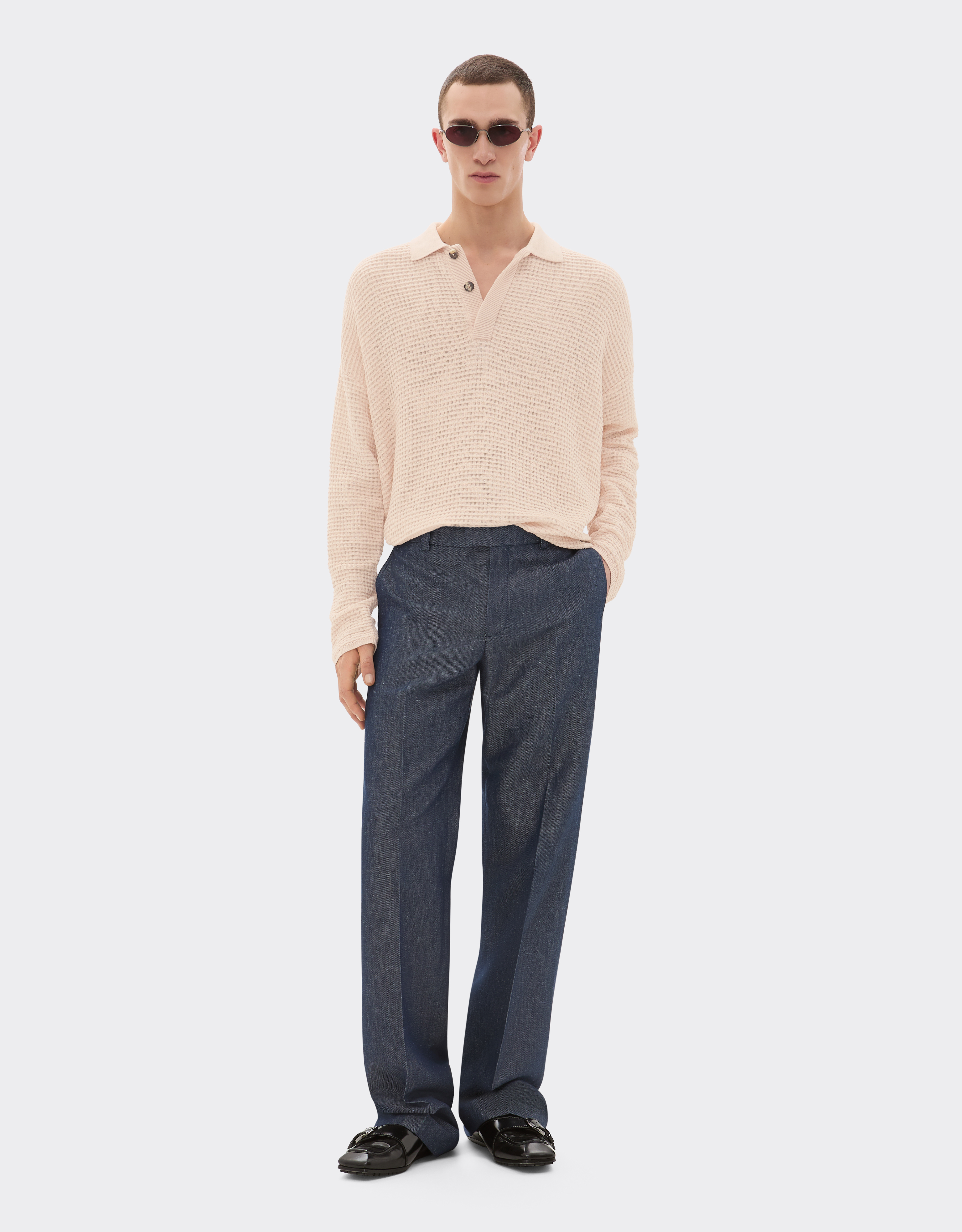 Ferrari Cotton And Linen Long-sleeved Polo Shirt With Link Pattern