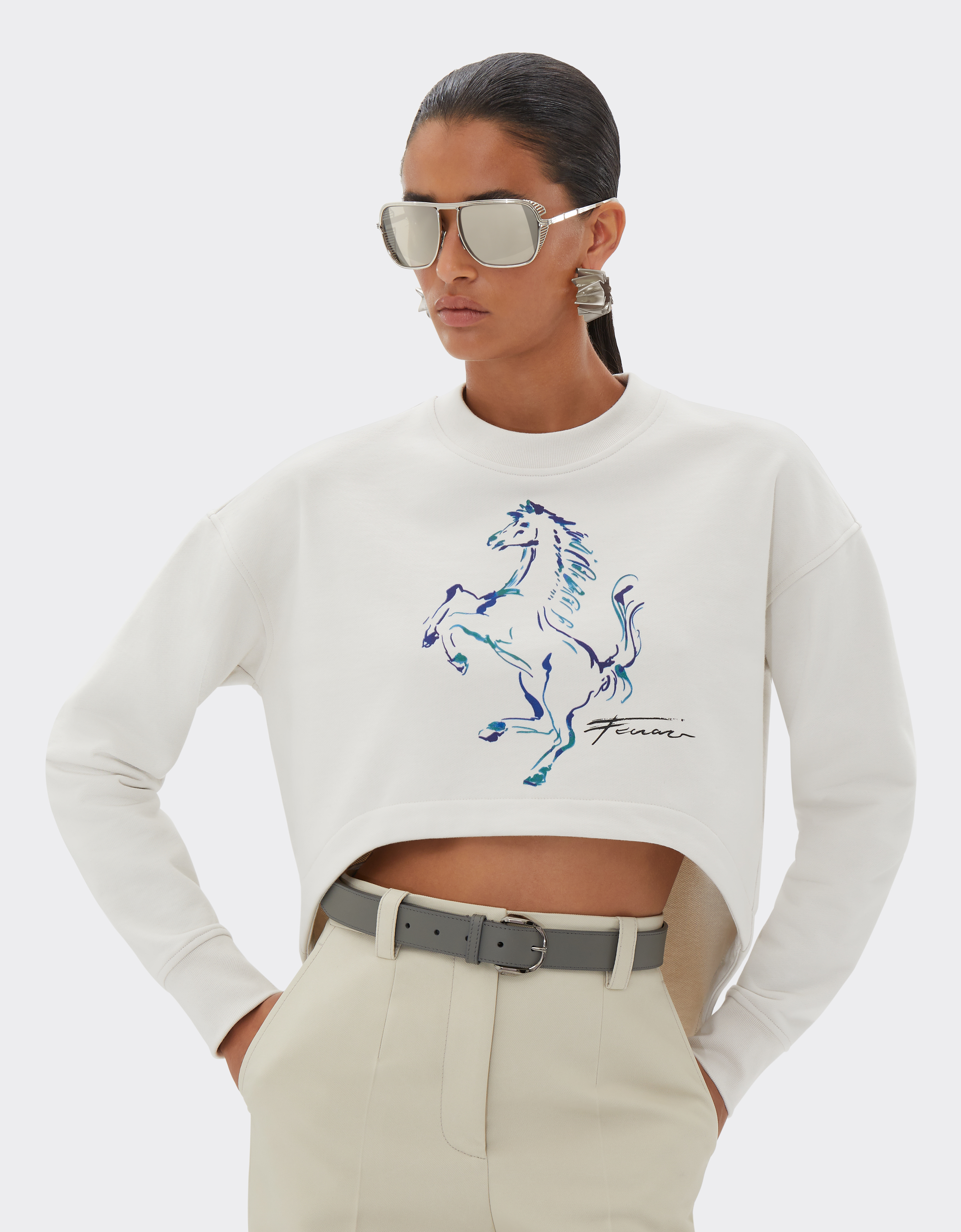 Ferrari Sweatshirt With Prancing Horse Graphic In Ecru