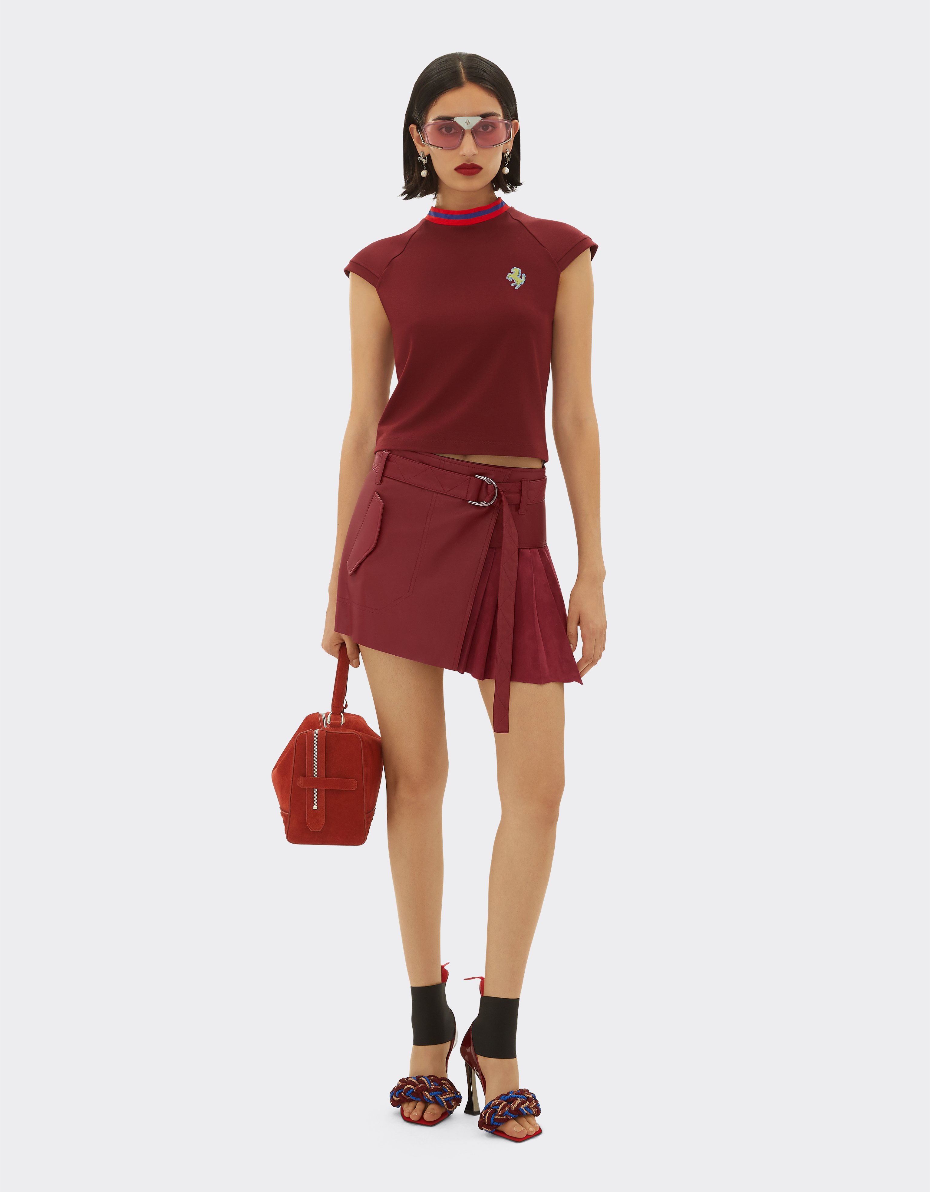 Shop Ferrari Pleated Skirt In Suede And Leather In Burgundy
