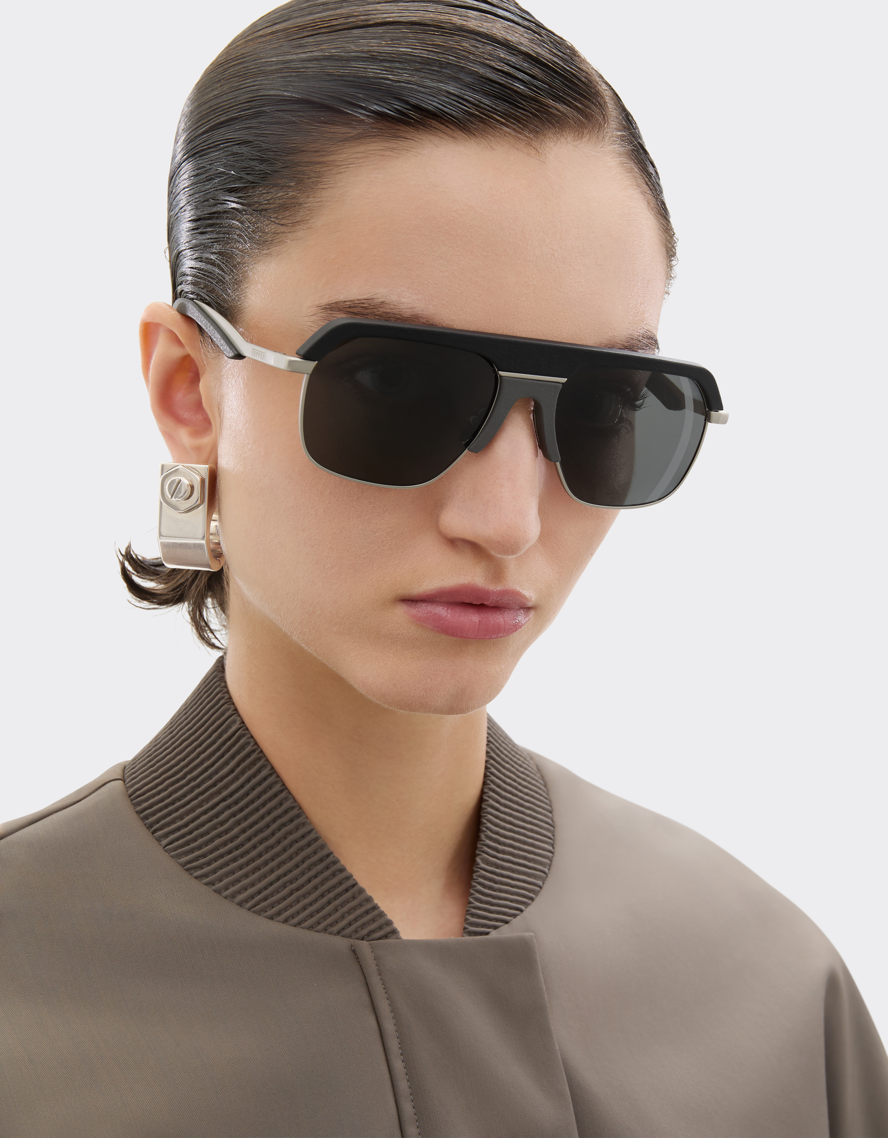 Ferrari Sunglasses In Matte Silver Metal With Gray Polarized Lenses In Black