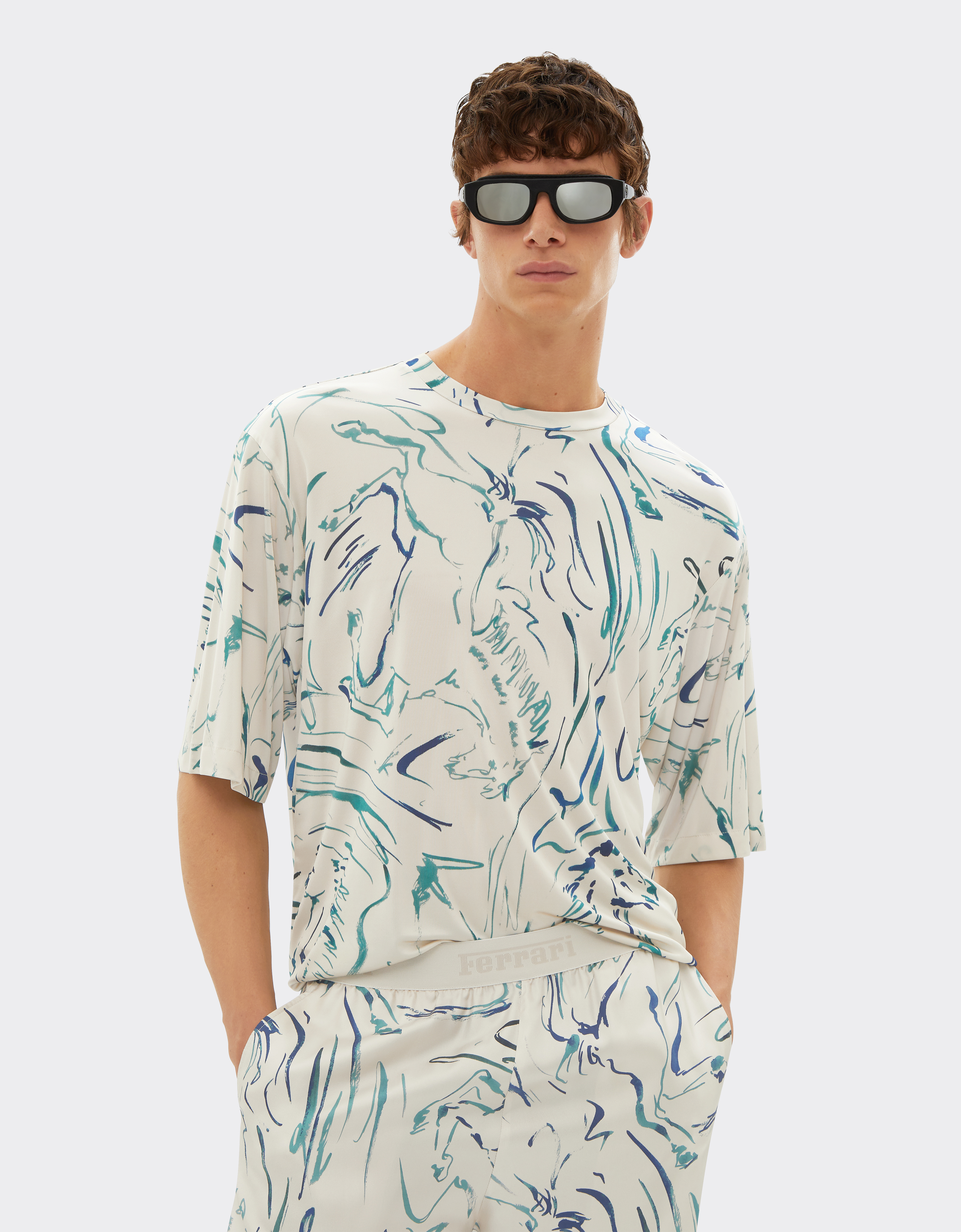 Ferrari T-shirt In Viscose Fabric With Cavallino Print In Ecru