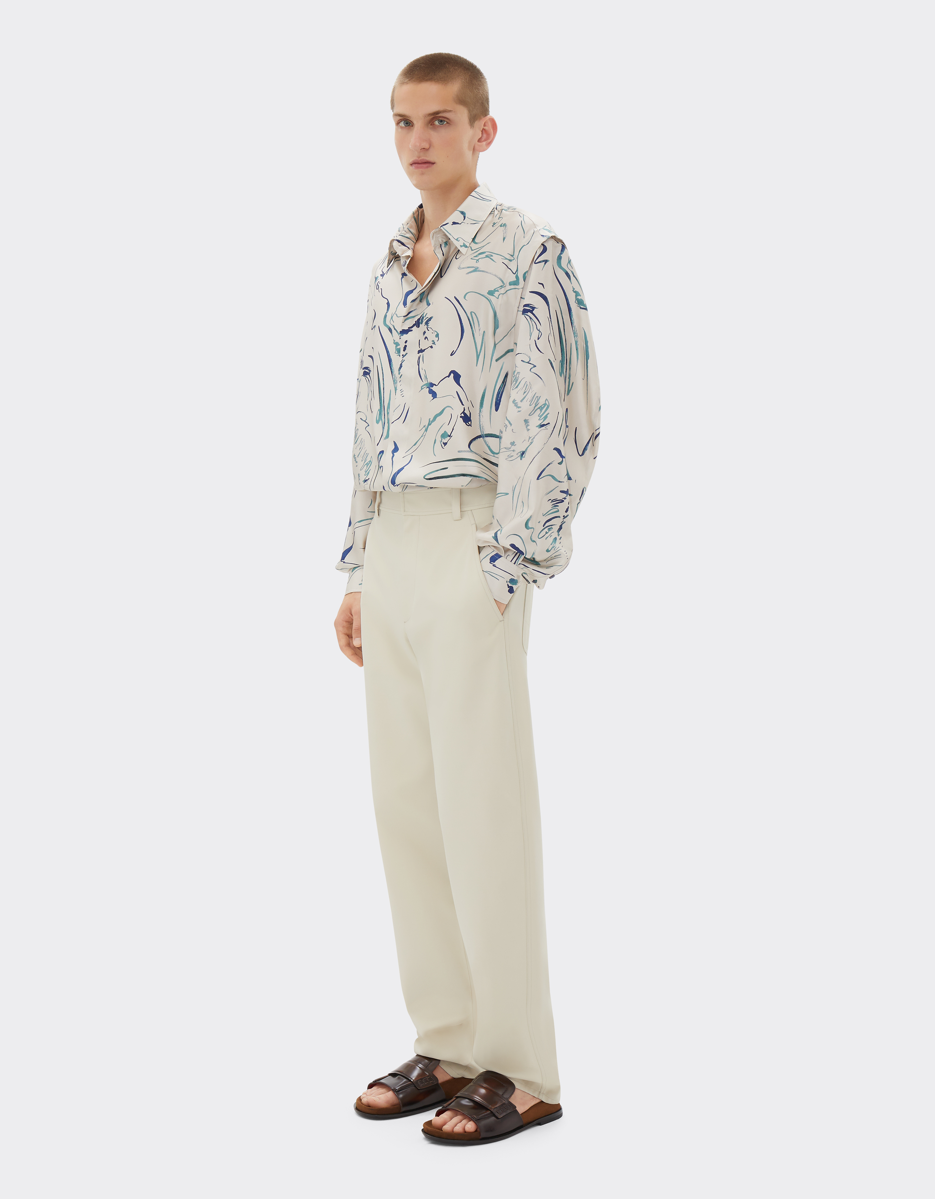Ferrari Silk Shirt With Cavallino Print In Ecru