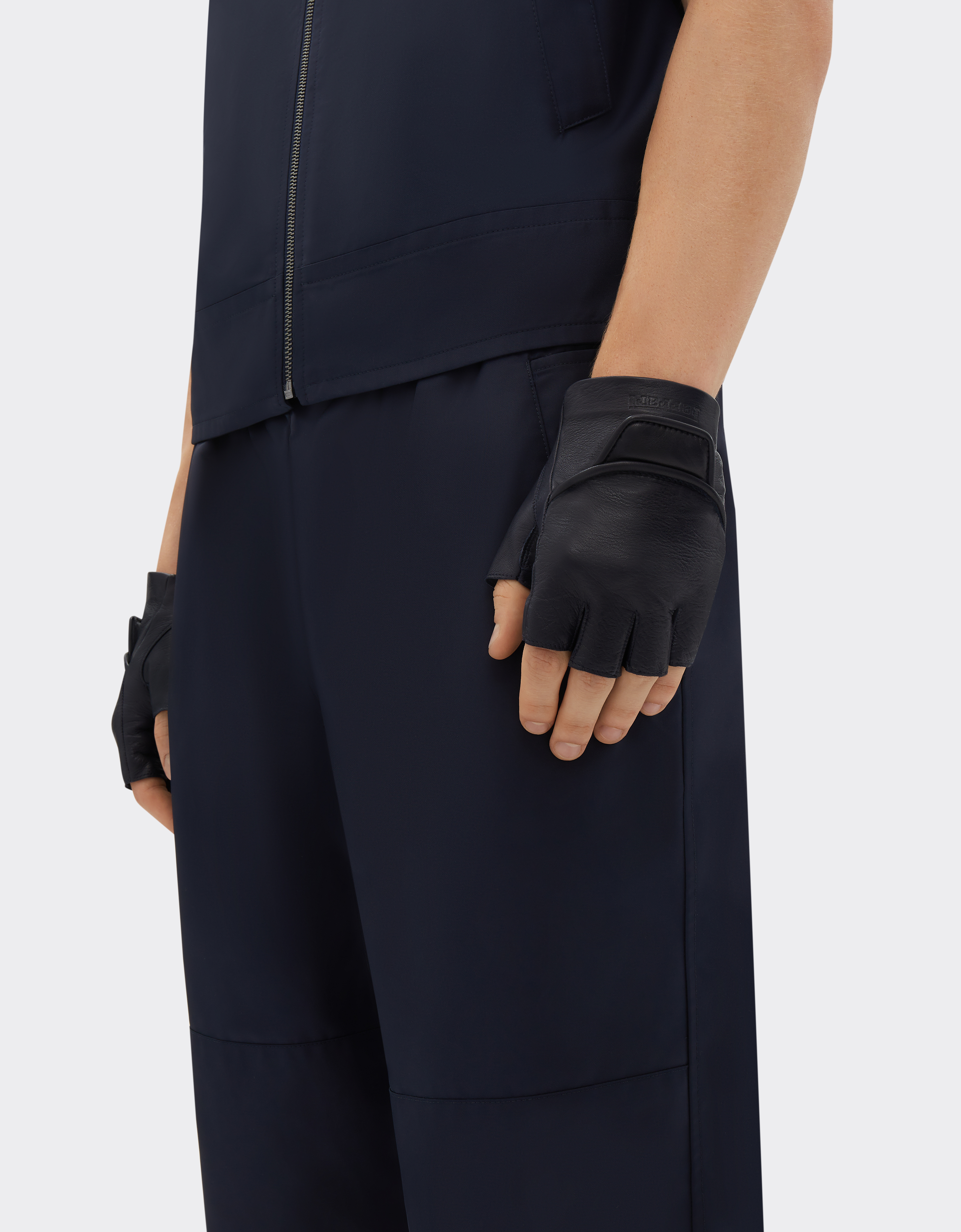 Ferrari Fingerless Gloves In Nappa Leather And Cashmere In Navy