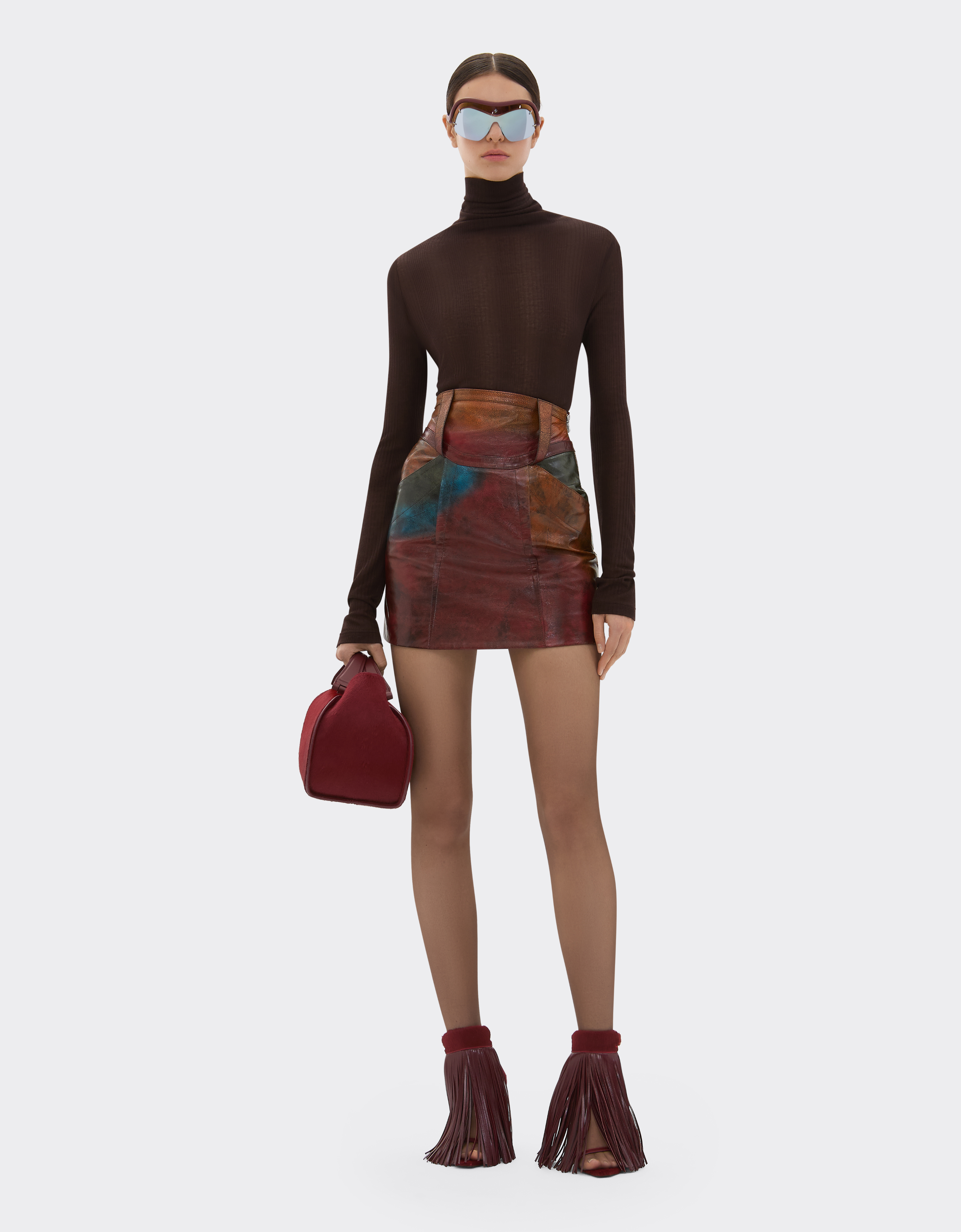 Ferrari Misted Leather Mini Skirt In Brown