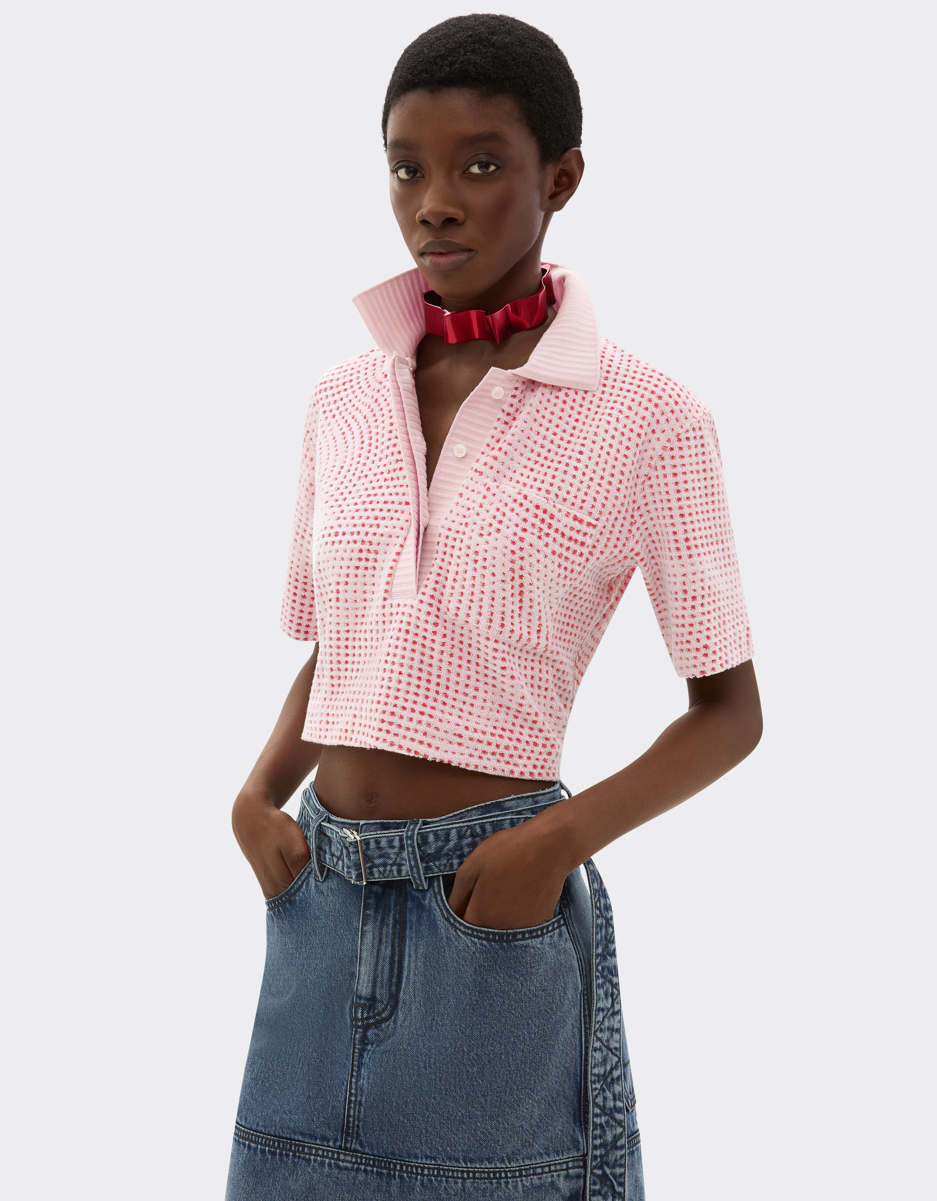 Ferrari Cropped Polo Shirt In Terry Jacquard With Cavallino Dots Pattern