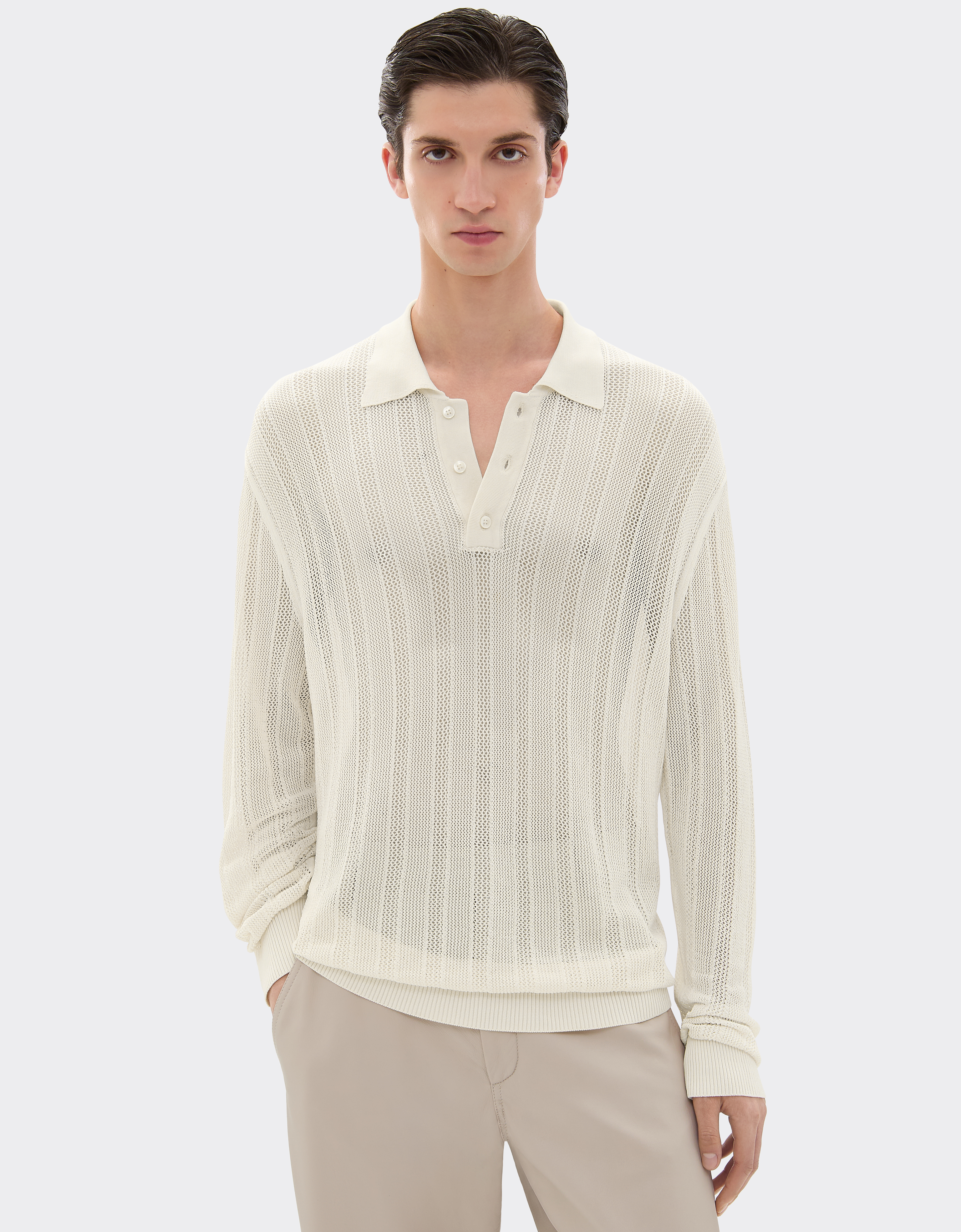 Ferrari Long-sleeved Polo Shirt In Perforated Q-cycle® Fabric In Ecru