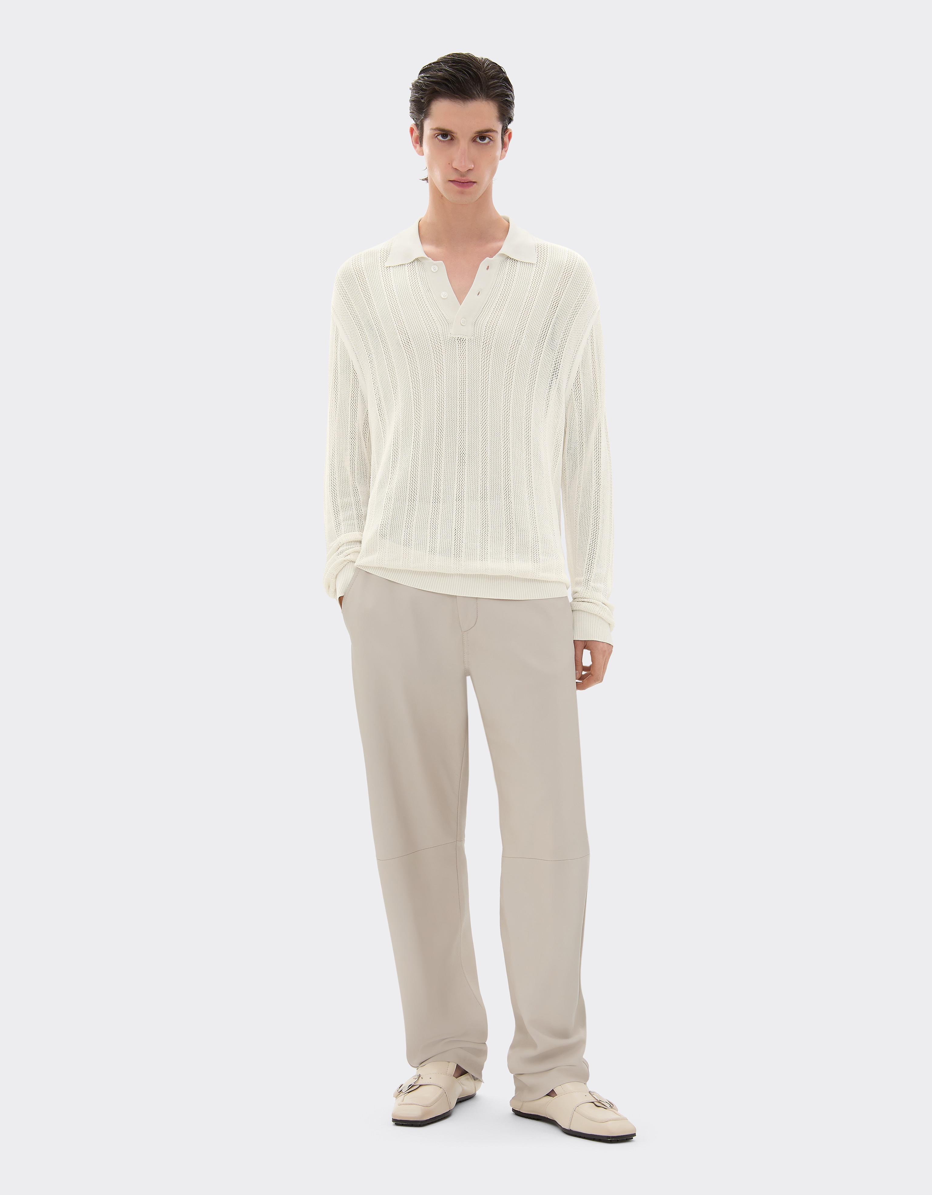 Ferrari Long-sleeved Polo Shirt In Perforated Q-cycle® Fabric In Ecru