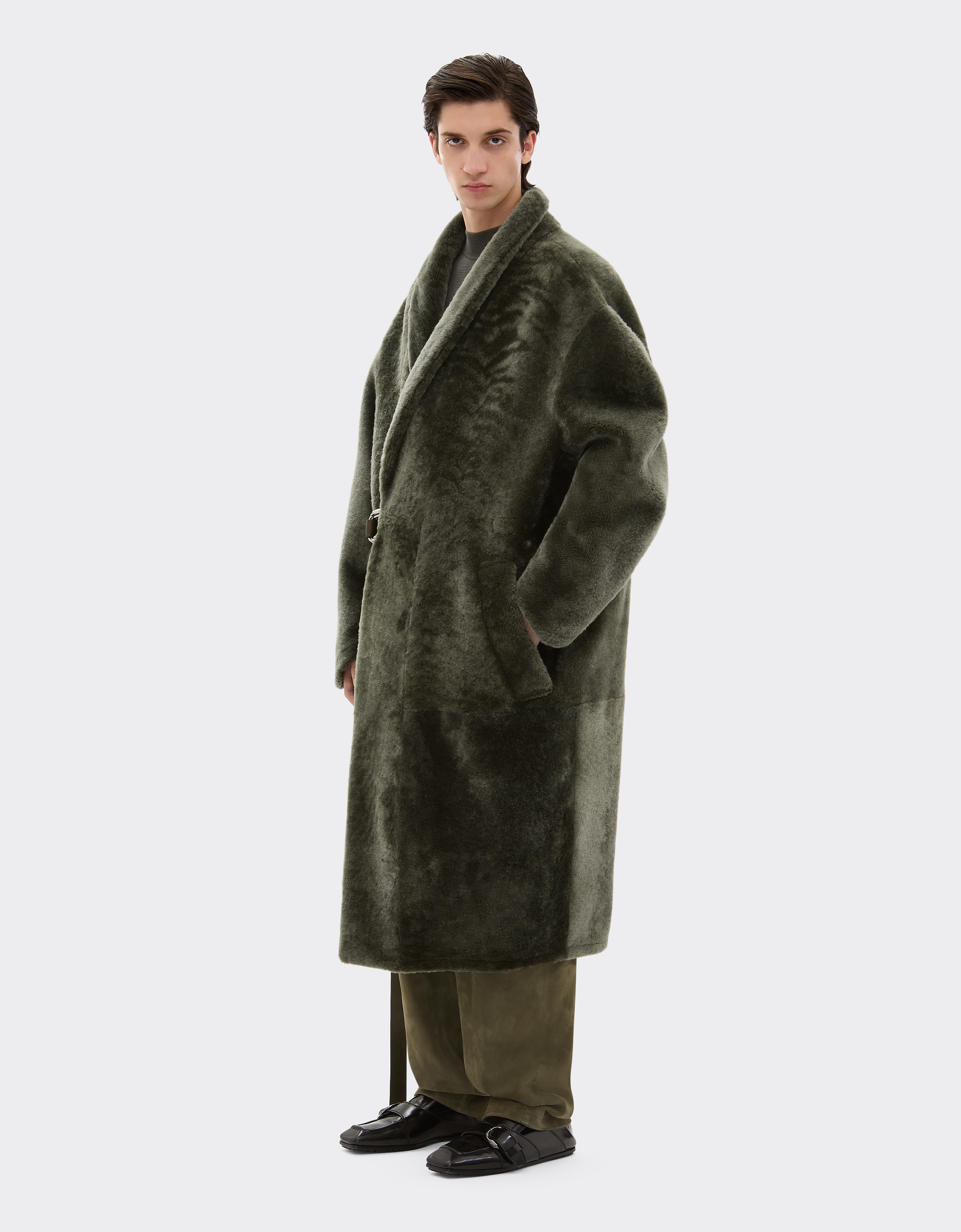 Ferrari Merino Wool Coat With Astrakhan Effect In Green