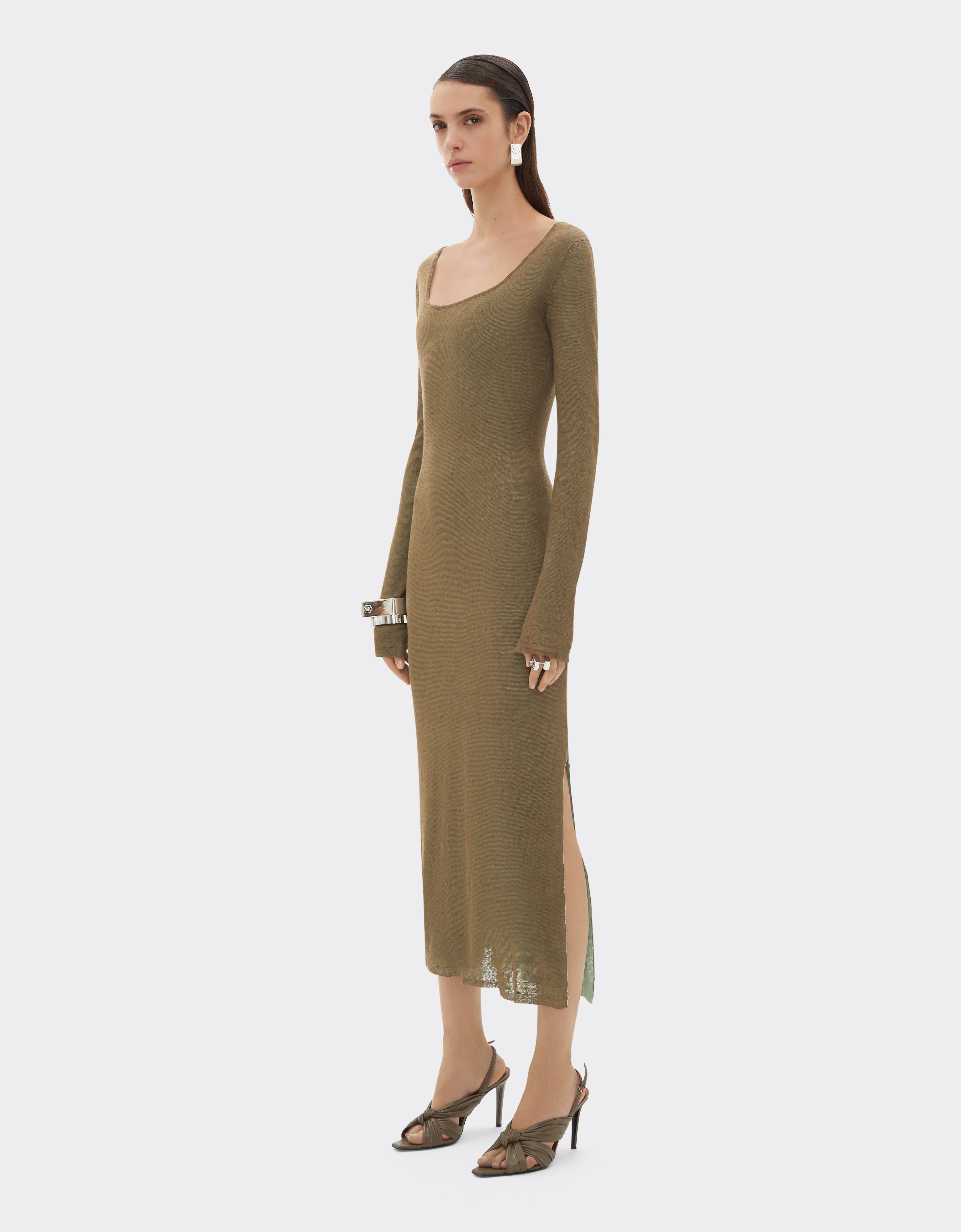 Ferrari Long Dress In Linen, Cashmere, And Silk In Green