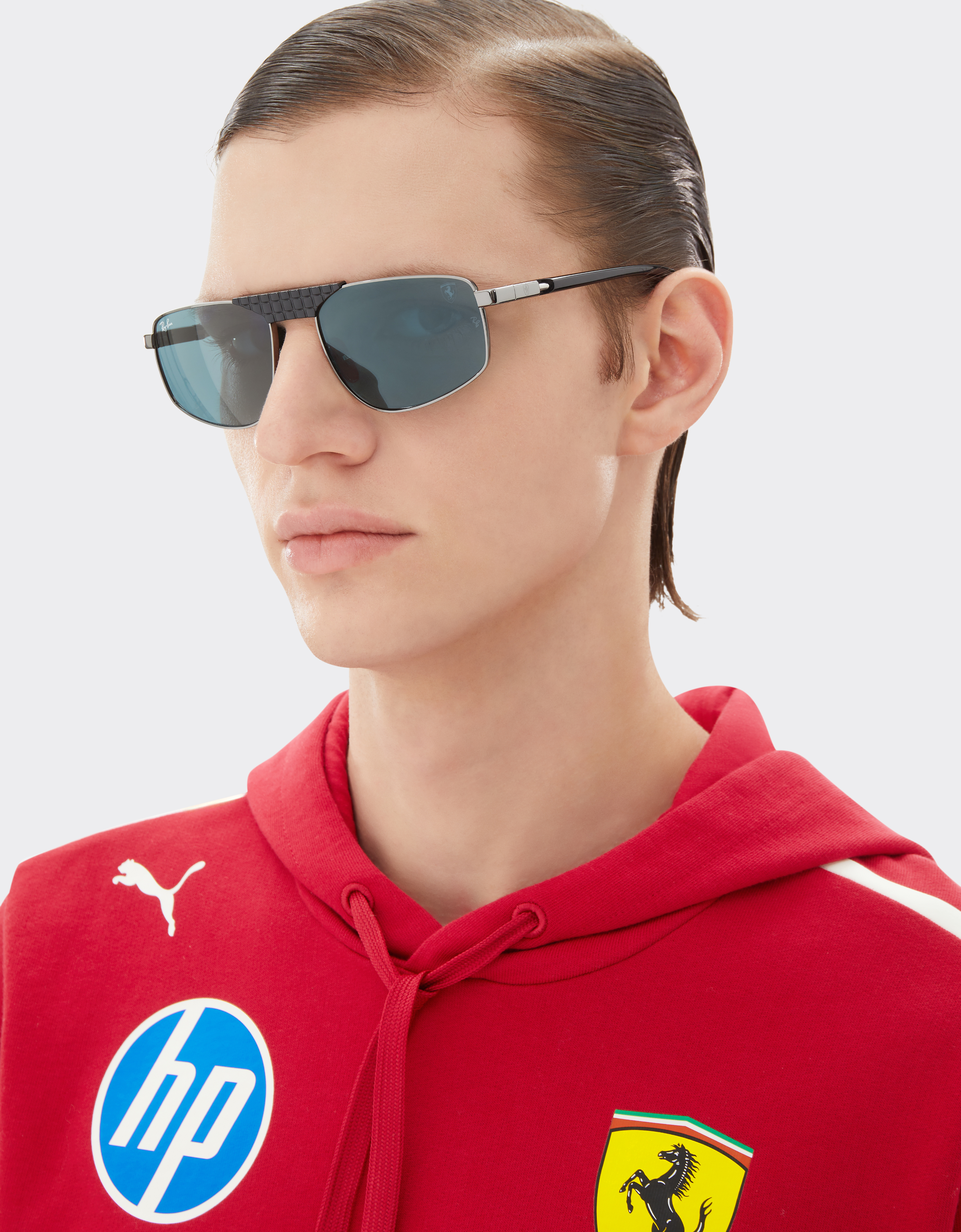 Ferrari Ray-ban For Scuderia Rb3776m In Gunmetal-coloured Metal With Blue Lenses In Gray