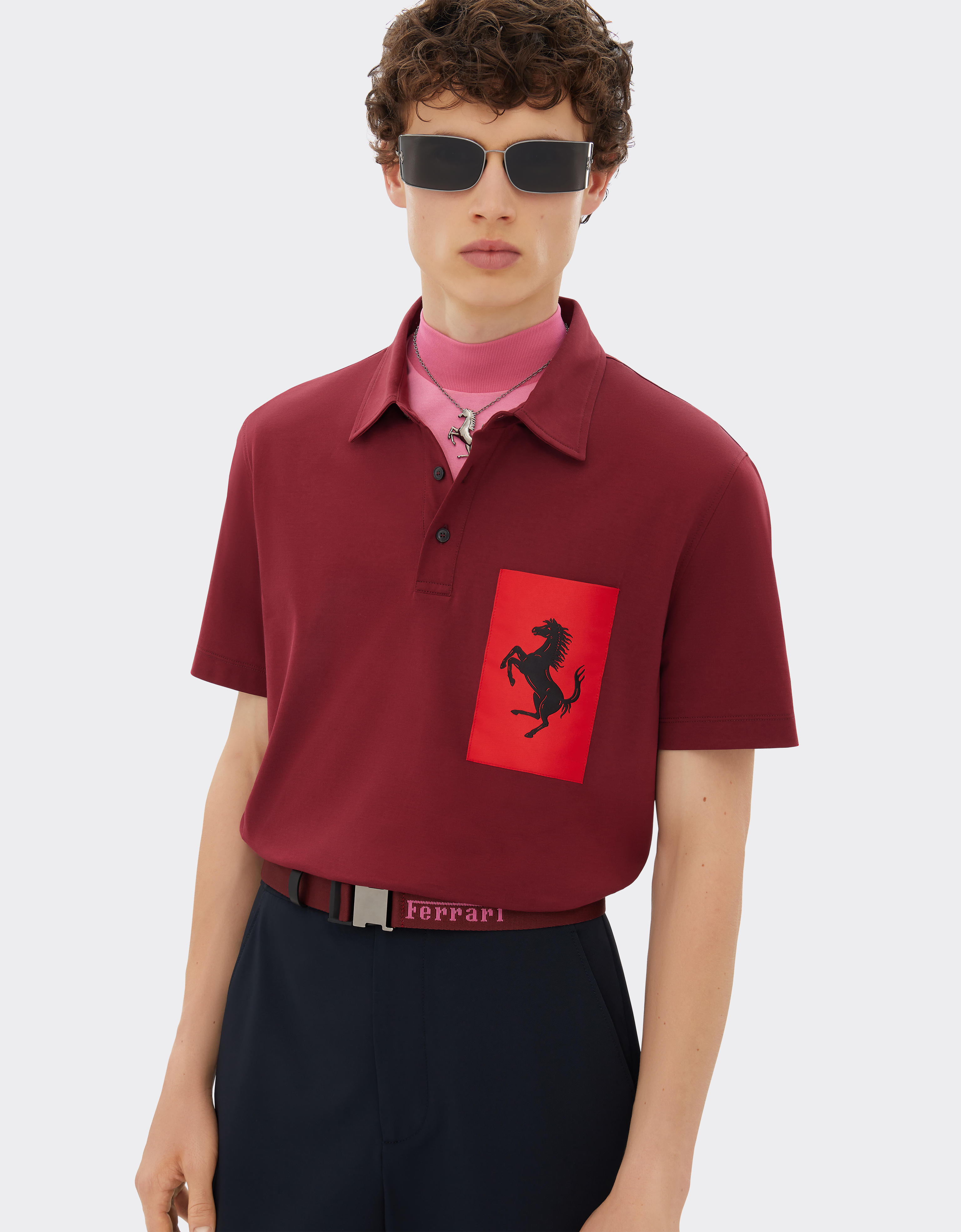 Shop Ferrari Cotton Polo Shirt With Prancing Horse Pocket In Burgundy