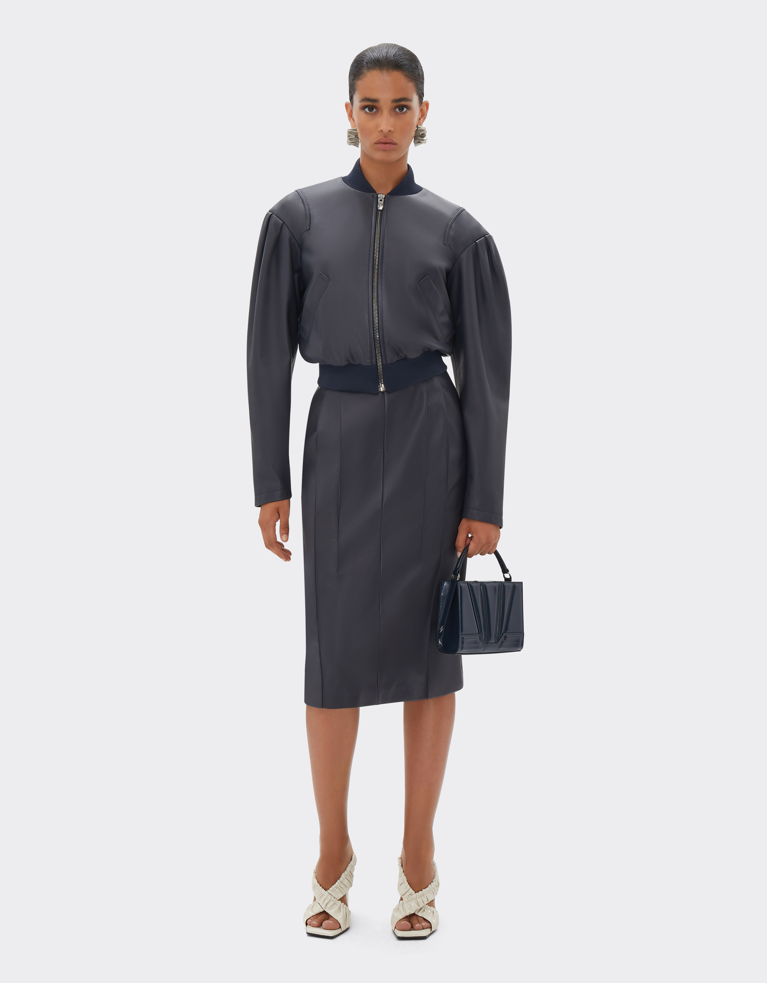 Ferrari Midi Skirt In Nappa Leather In Navy