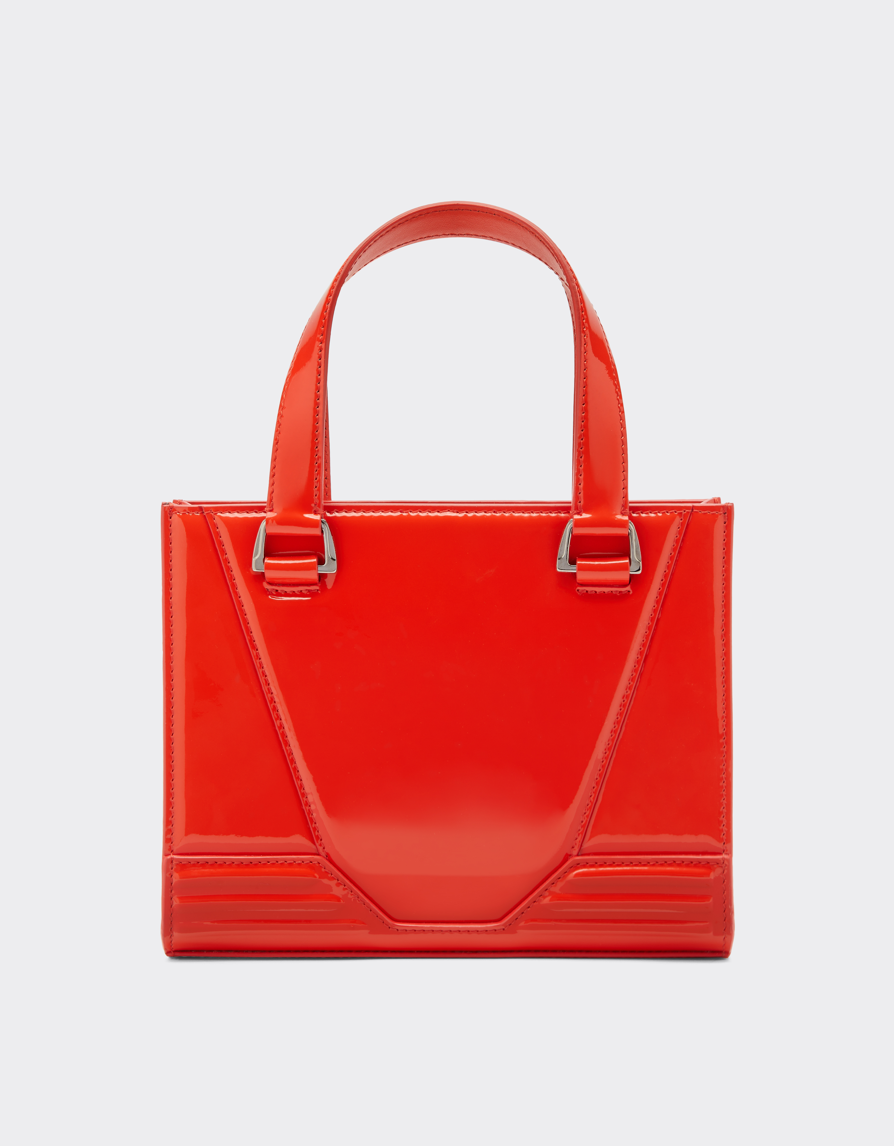 Ferrari Mini Tote Gt Bag In Glossy Patent Leather With Prancing Horse Detail In Rosso Dino