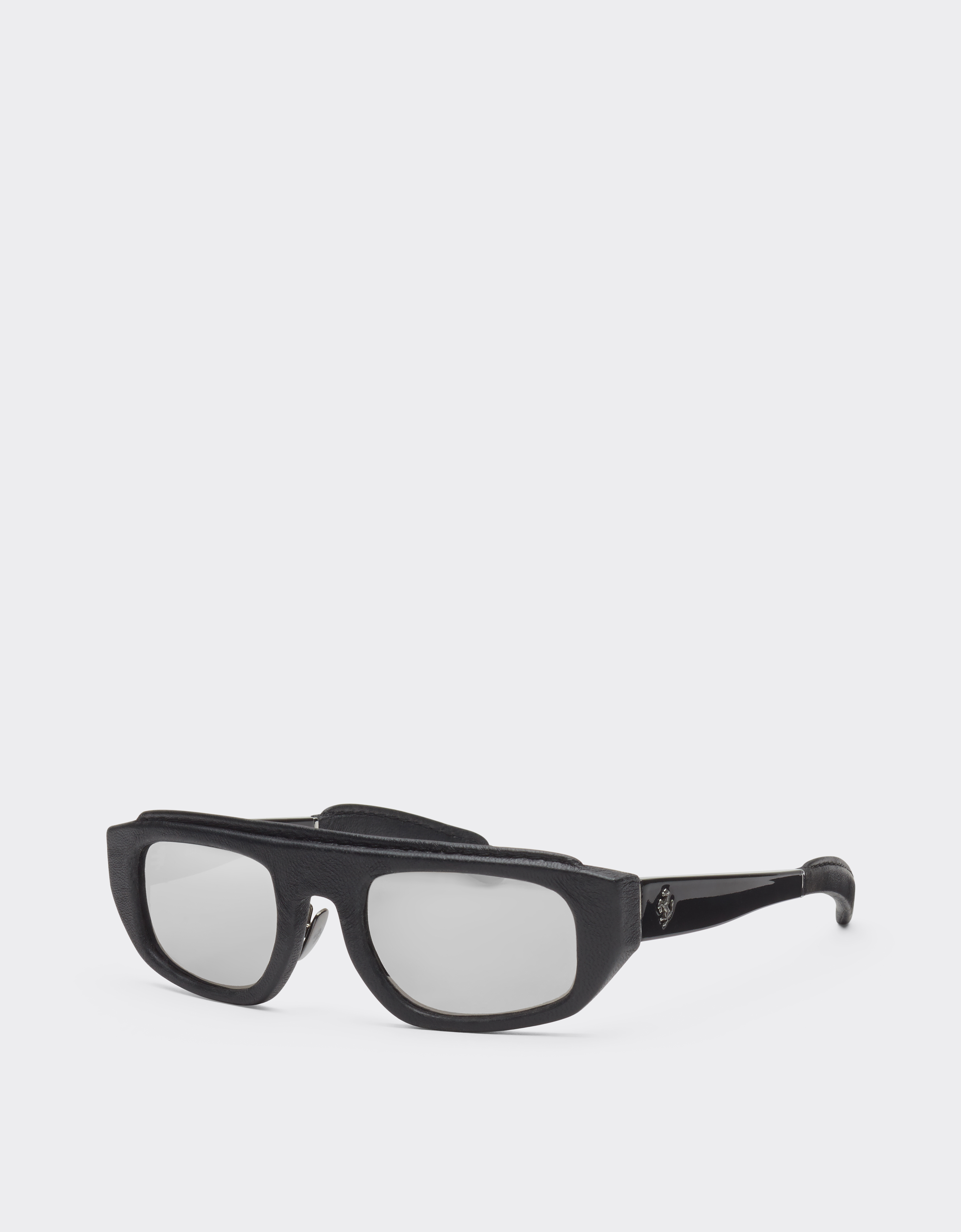 Ferrari Black  Sunglasses In Acetate And Leather With Silver Mirror Lens In Black