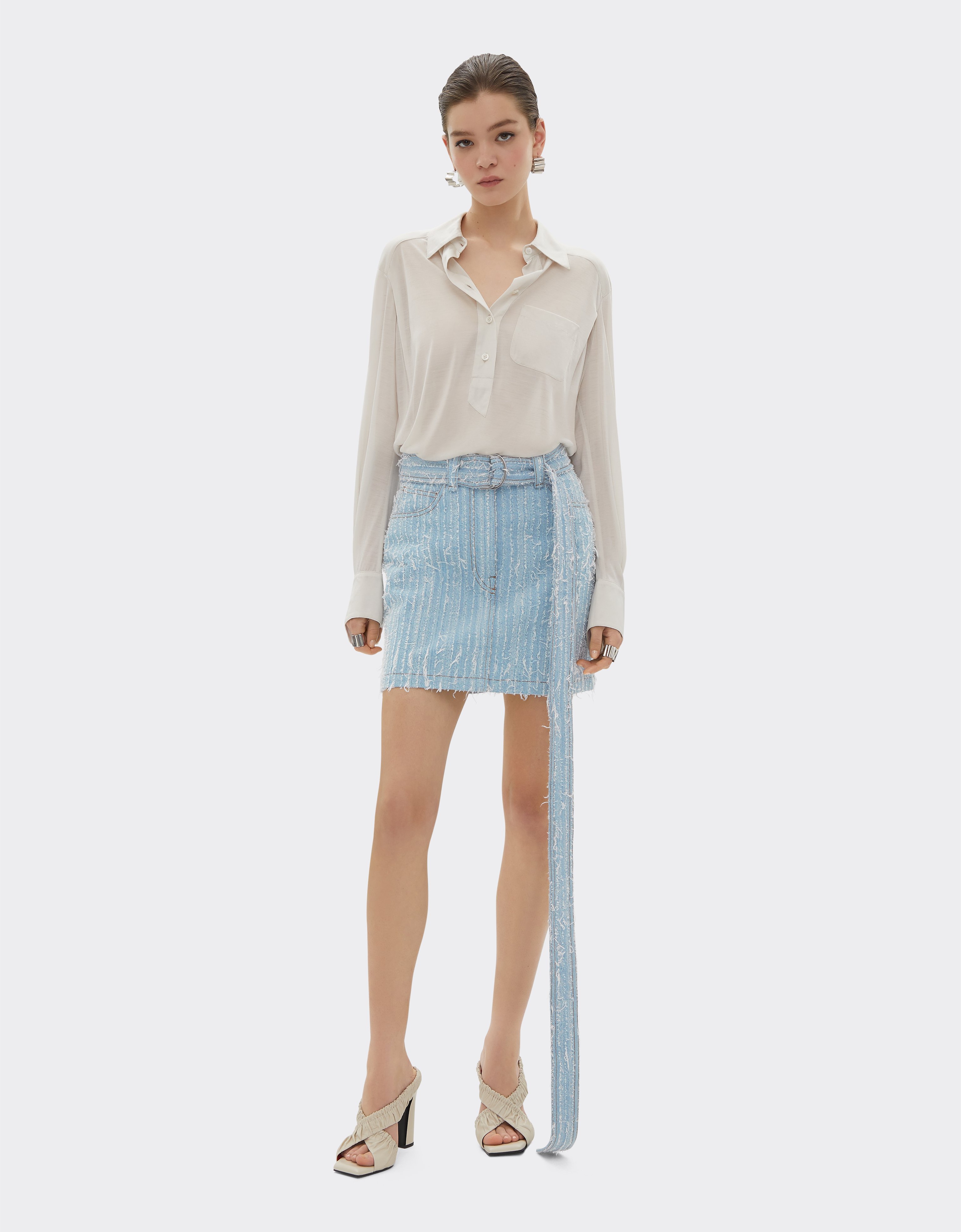 Ferrari Miniskirt In Frayed Faded Denim In Light Denim