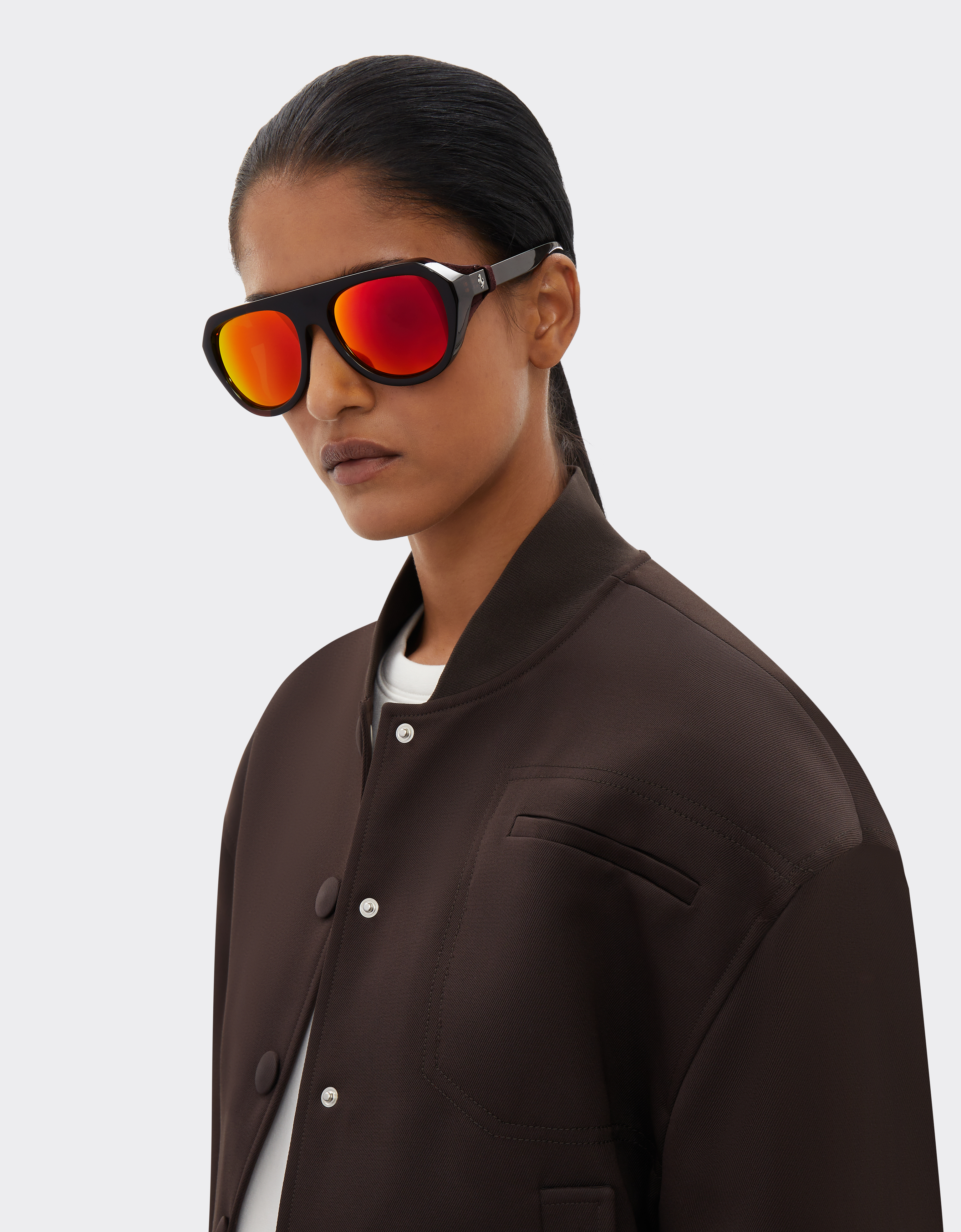 Ferrari Brown Sunglasses With Leather Details And Polarised Mirror Lenses In Brown