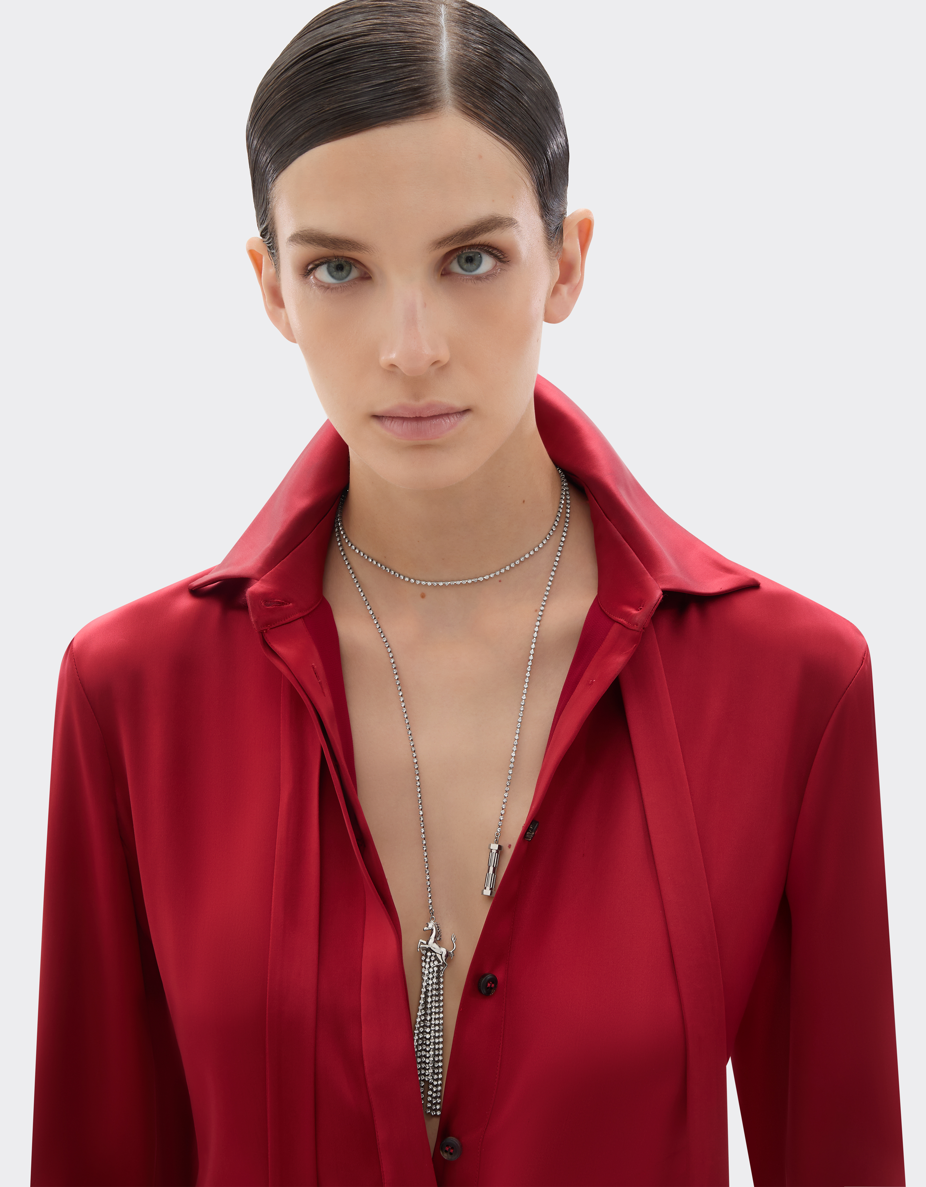 Ferrari Rhinestone Necklace With Prancing Horse And Mini Piston In Silver