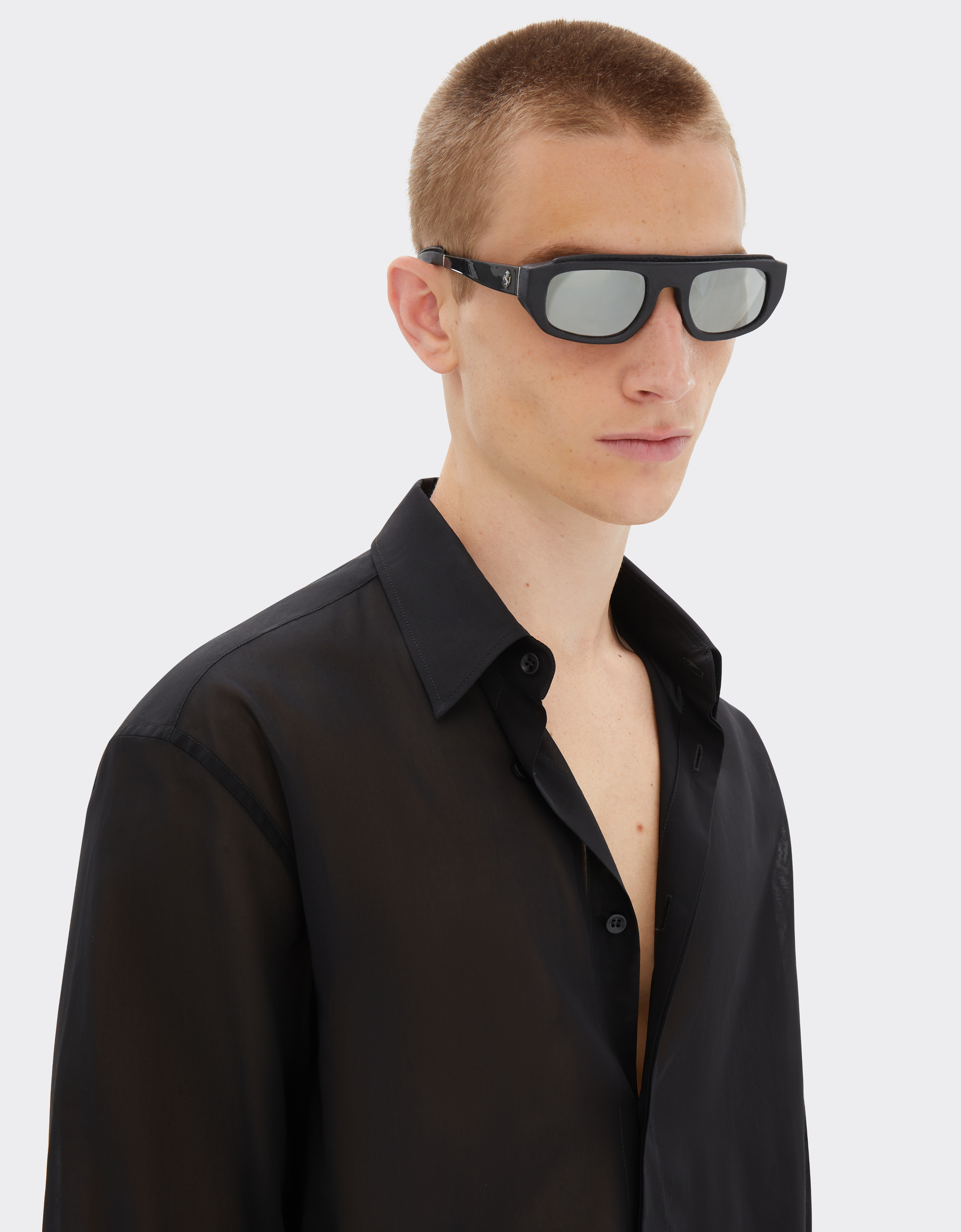 Ferrari Black  Sunglasses In Acetate And Leather With Silver Mirror Lens In Black