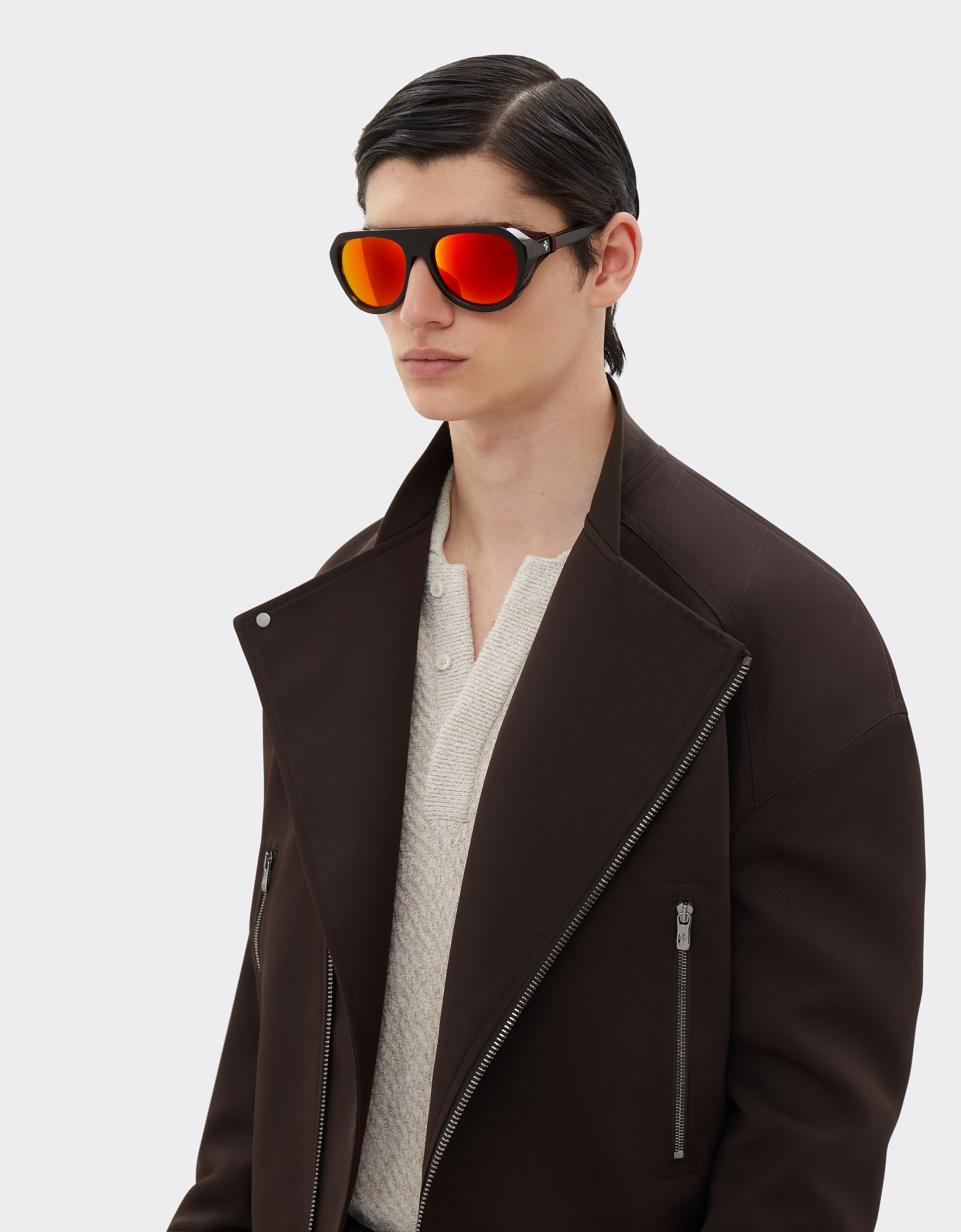 Ferrari Brown Sunglasses With Leather Details And Polarised Mirror Lenses In Brown